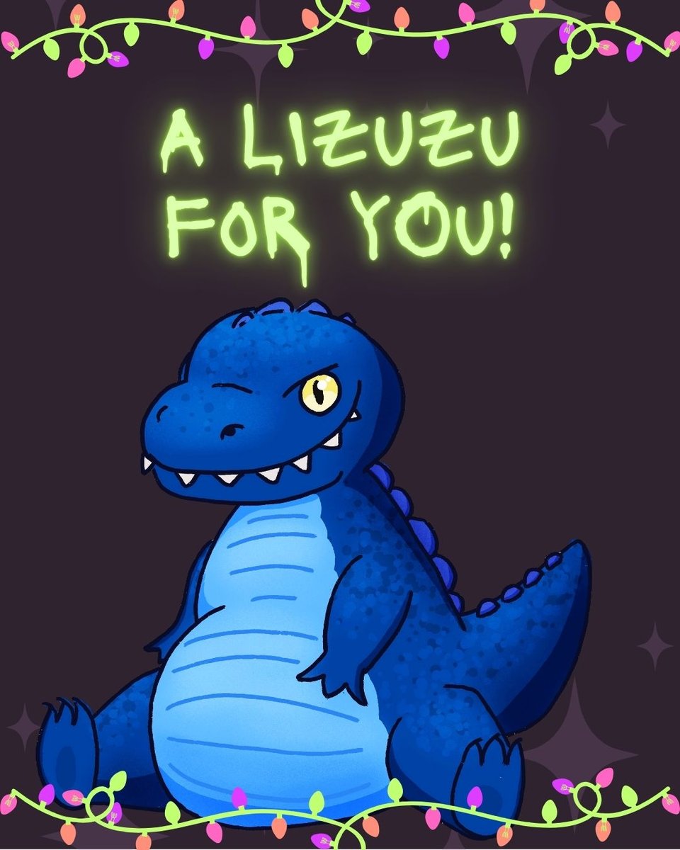 A full image of the lizard that peeked out in the last image. Text at the top read "A Lizuzu For You!" The lizard-creature has a plump, triangular body and a wide, stubby tail. His limbs are also wide and stubby, and he has a light blue tummy and mottled dark blue scales