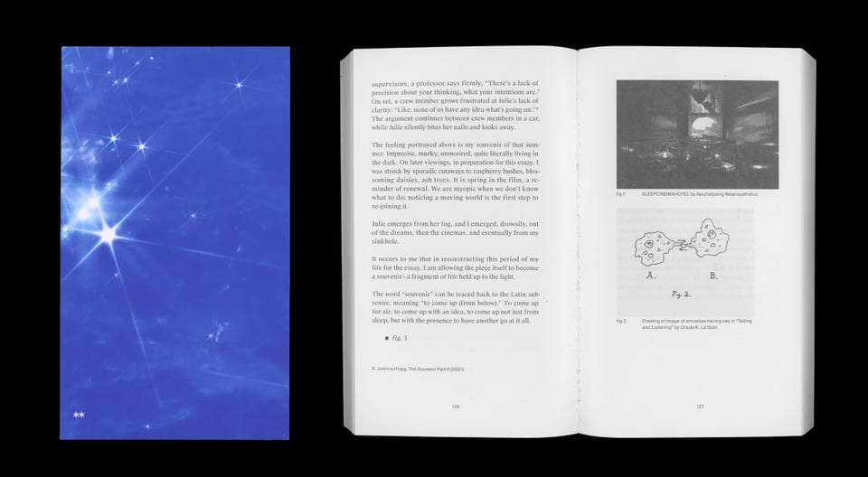 A deep blue cover with sun glitter and a scan of an interior book spread, side by side
