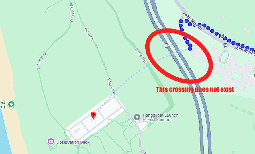 A screenshot of Google maps showing a nonexistent path across Highway 35 to reach Fort Funston. The path is circled with the words "This crossing does not exist" below the circle.