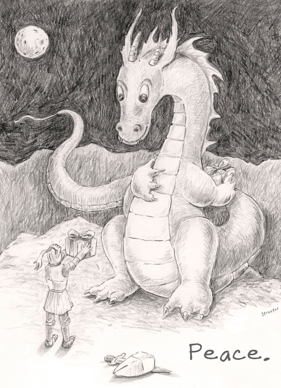 Pencil drawing of a knight offering a gift to a dragon who acts surprised but who also has a gift for the knight