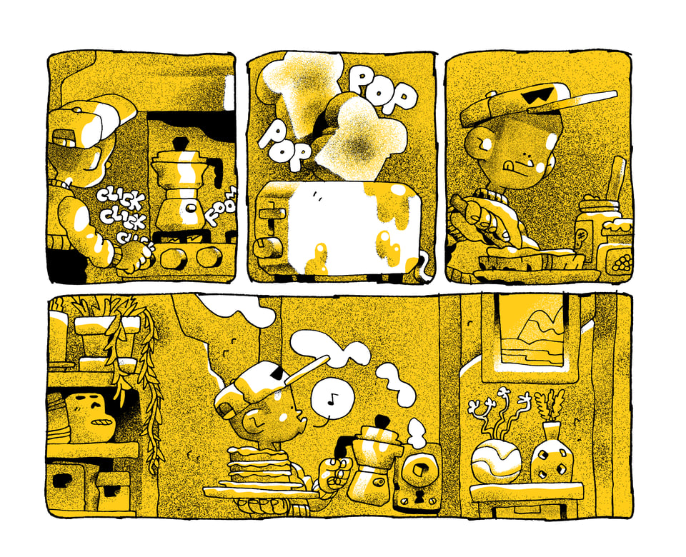 Part of a page from Young Shadow & The Watchdogs, where Elmore is making some breakfast. 