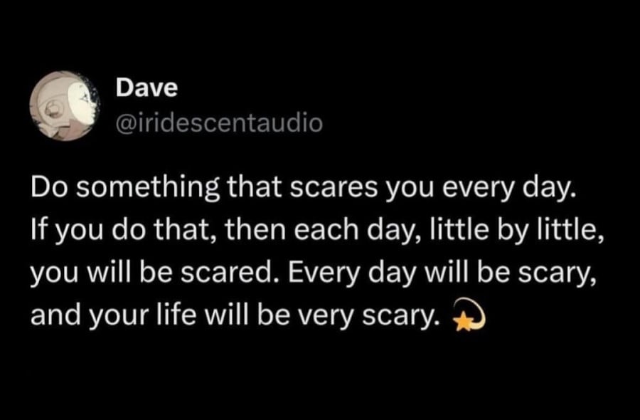 Twitter screenshot from @iridescentaudio: "Do something that scares you every day. If you do that, then each day, little by little, you will be scared. Every day will be scary, and your life will be very scary." Followed by a shooting star emoji.