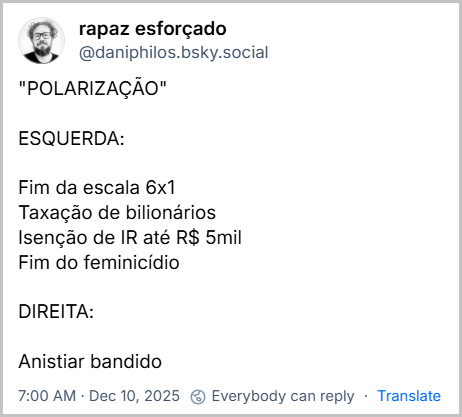 Post de rapaz esforçado (@daniphilos.bsky.social) com o texto: "POLARIZAÇÃO" ESQUERDA: Fim da escala 6x1 Taxação de bilionários Isenção de IR até R$ 5mil Fim do feminicídio DIREITA: Anistiar bandido