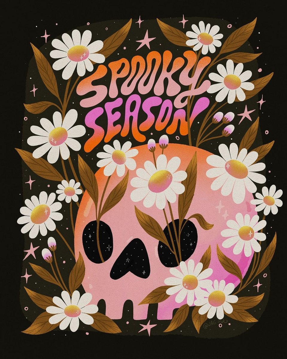 A funky illustration fo a skull with daisies that reads "Spooky season"