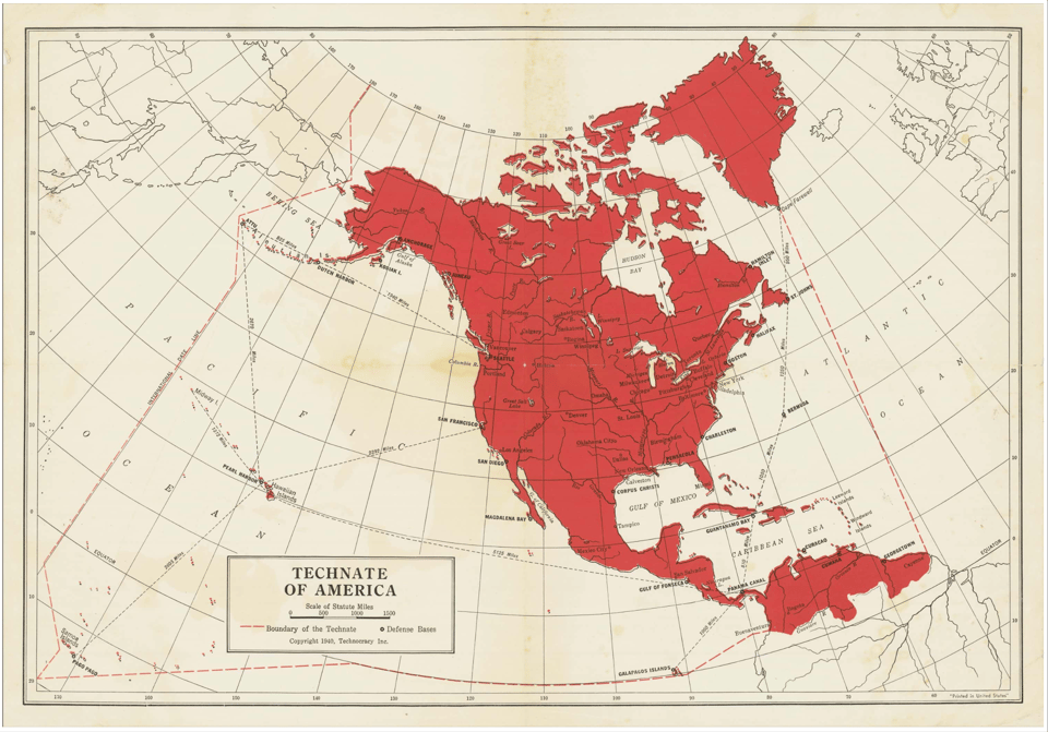 Map titled "Technate of America." Map features the entire North American continent including the United States, Canada, and Greenland merged into one country colored in red. Cuba, Haiti, Mexico, Central America, and some parts of South America are annexed to the Technate.