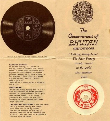 A vintage promotional leaflet from the Government of Bhutan announces the “Talking Stamp Issue,” described as the first postage stamps in the world that actually talk. The left side shows a black, record-shaped stamp labeled “Bhutan Air Mail,” while the right side displays a smaller red-and-white disc version. Text below explains payment methods, stamp pricing, and details about ordering these unique phonograph-style postage stamps.
