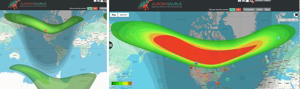 On the left is the expected visibility of the aurora on Nov. 26 and on the right on Nov. 12, where green is less than 10% likely and red is 90%. Note that the aural zone always exists around both poles. / From Aurorasaurus.