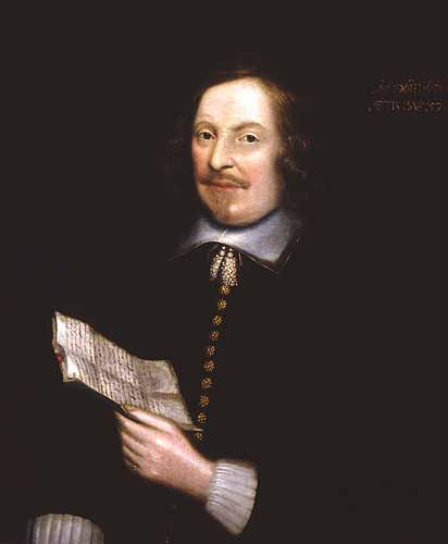 Portrait of Edward Winslow, in standard Puritan regalia, holding a multi-page letter from his wife Susannah.