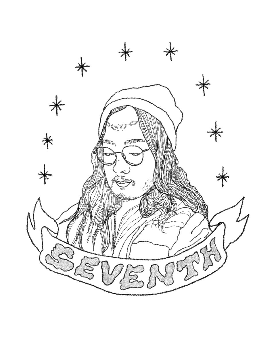 drawing of seventh. she has long hair, light facial hair, a tattoo on her forehead of a chain with the center link broken and is wearing a beanie. there's a banner beneath that says her name and stars around her.