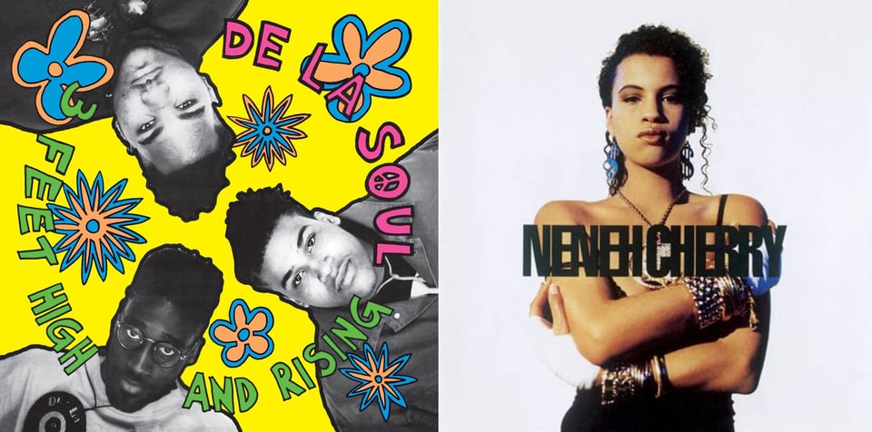 First pic: Black and white photos of three young Black men, arranged in a circle as if you are on the ground and they are looking down at you from above. The background is very bright yellow. There are hand drawn flower shapes in blue and orange arranged around them. Second pic: A color photograph of a young Black woman with her hair pulled back, her arms crossed, and wearing loads of bracelets and a very large medallion. She has a very.. angry? disappointed? smug? look on her face. It's very intense, regardless. The background is blank white.