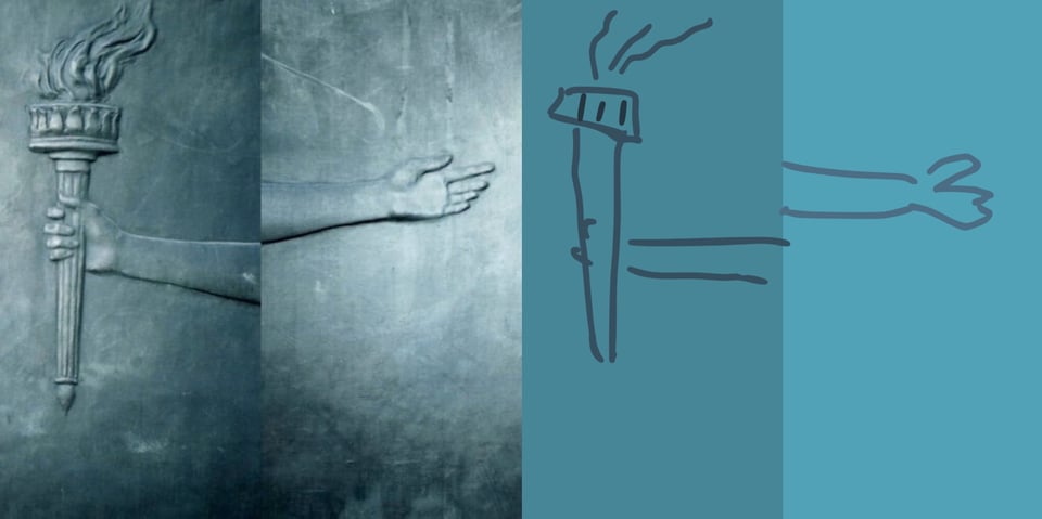 From the Wikipedia article: a photographic illustration composed of two tightly cropped images of the bronze relief plaque on the Heald Square Monument in Chicago, IL. Both arms of Lady Liberty extended in opposite directions, one with a torch in-hand and the other empty. Despite being a bronze relief, the whole thing is colored a bluish-grey.