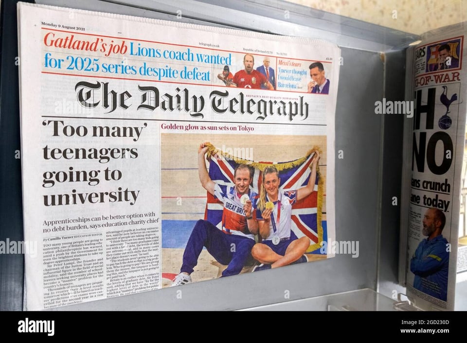 A picture of an issue of The Daily Telegraph on a newsstand rack, with the headline: 'Too many' teenagers going to university