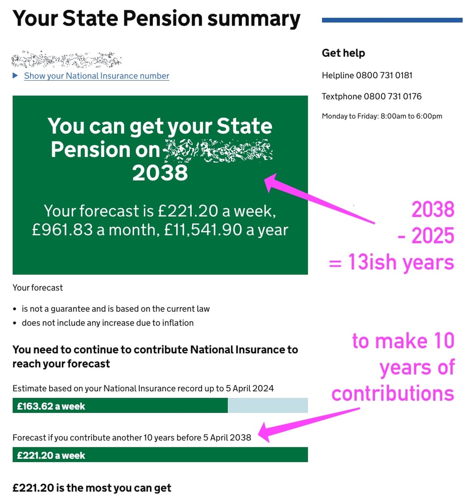 Screenshot showing an individual's state pension summary - they still need to contribute another 10 years of NI before their state pension age if they want to maximise their state pension