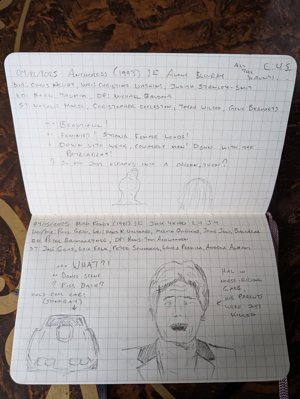 A quad-ruled notebook with handwritten notes/drawings about the movies Anchoress and Mad Foxes.