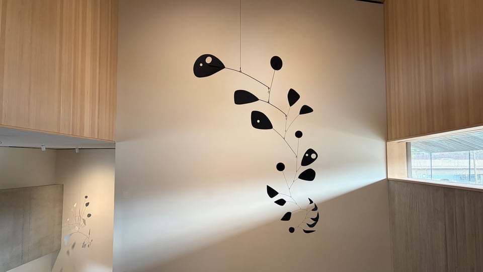 An Alexander Calder mobile hanging from a high ceiling: black metal fins attached to metal wires and supports, branching down several orders