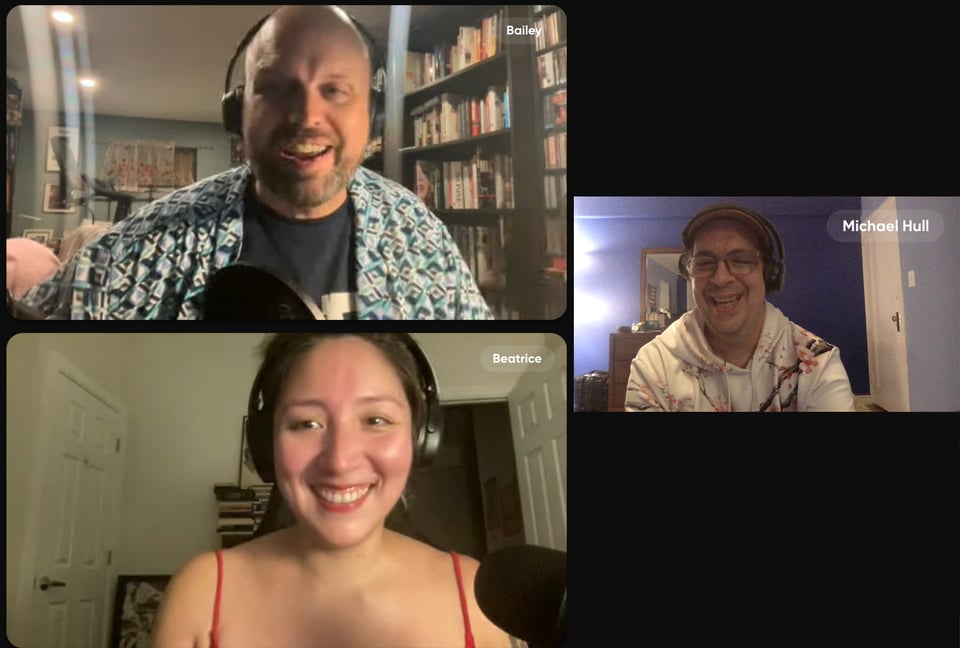 Guest Beatrice Loayza with co-hosts Jason Bailey and Mike Hull.