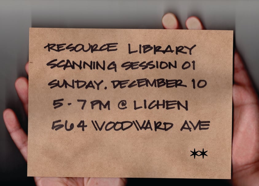 A scanned invite for a scanning session, with black sharpie on brown paper. The hands that hold the paper onto the scan bed are visible. This is indicative of Alison’s scanning style, which often shows the traces of the human behind the work.