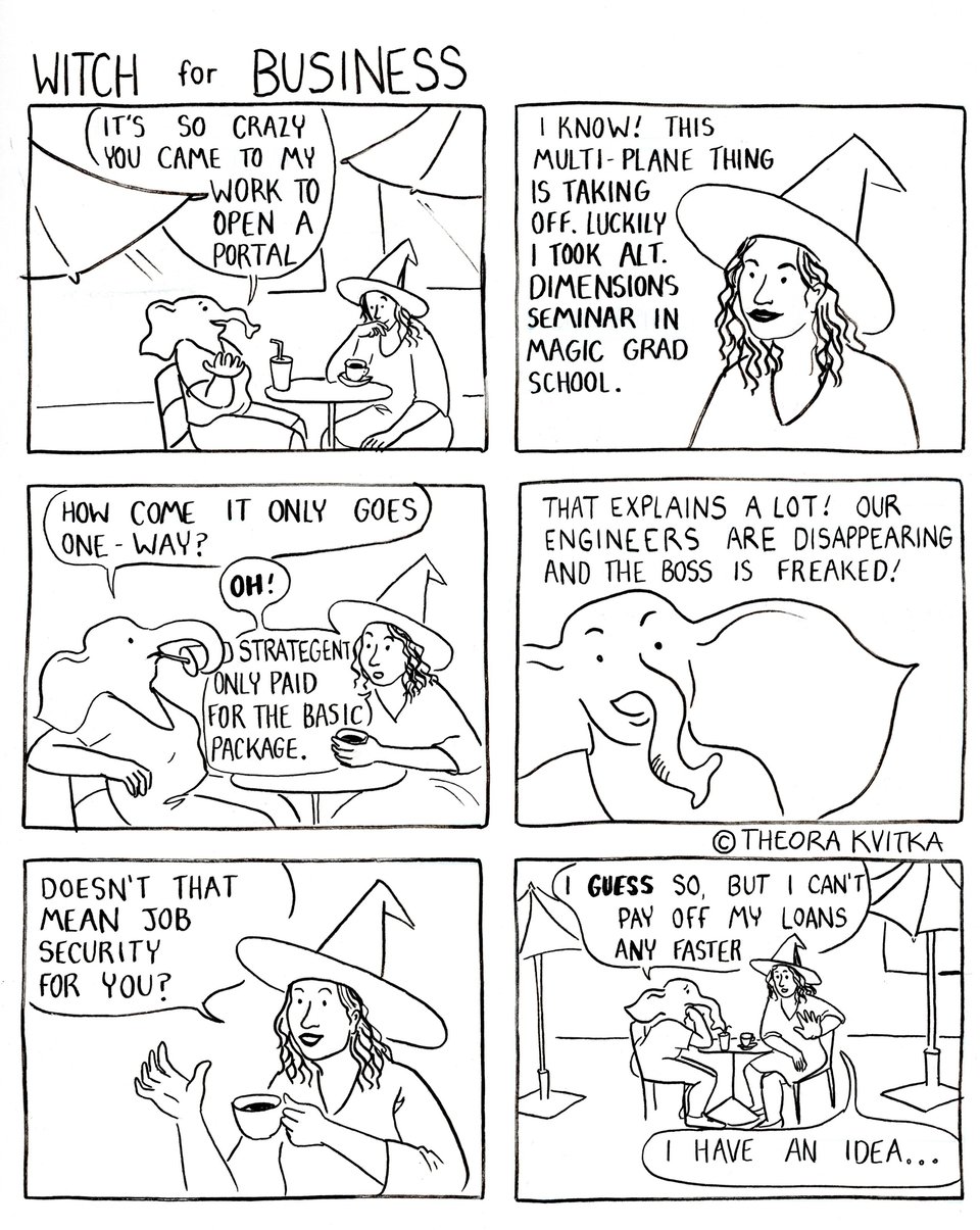 Six panel comic titled Witch for Business. Liz and Nebula get coffee and discuss alternate dimensions and the portal at Strategent.