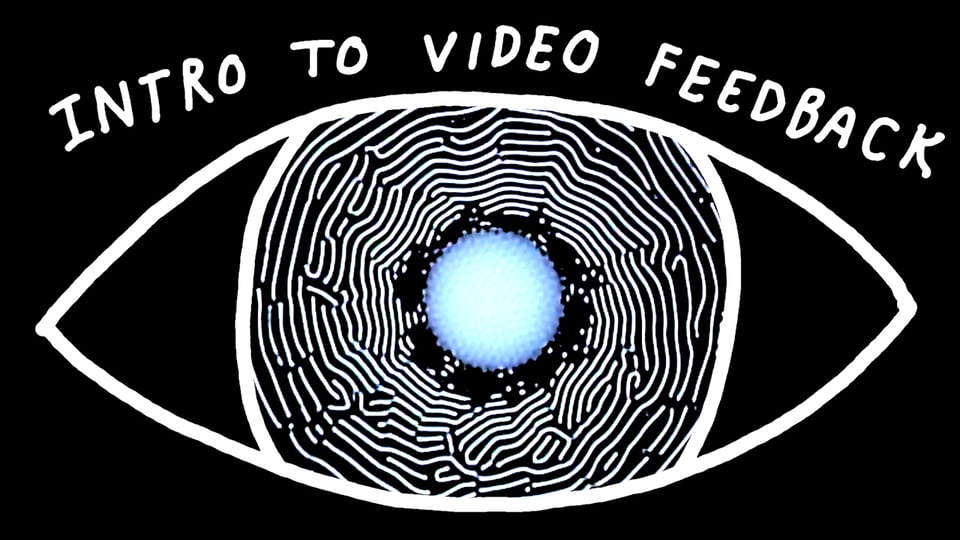 An eye with video feedback as the pupil, and the words 'intro to video feedback'