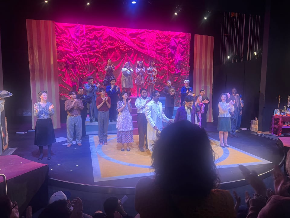 Zoot Suit curtain call at the LA Mission College theater. the cast taking a bow.