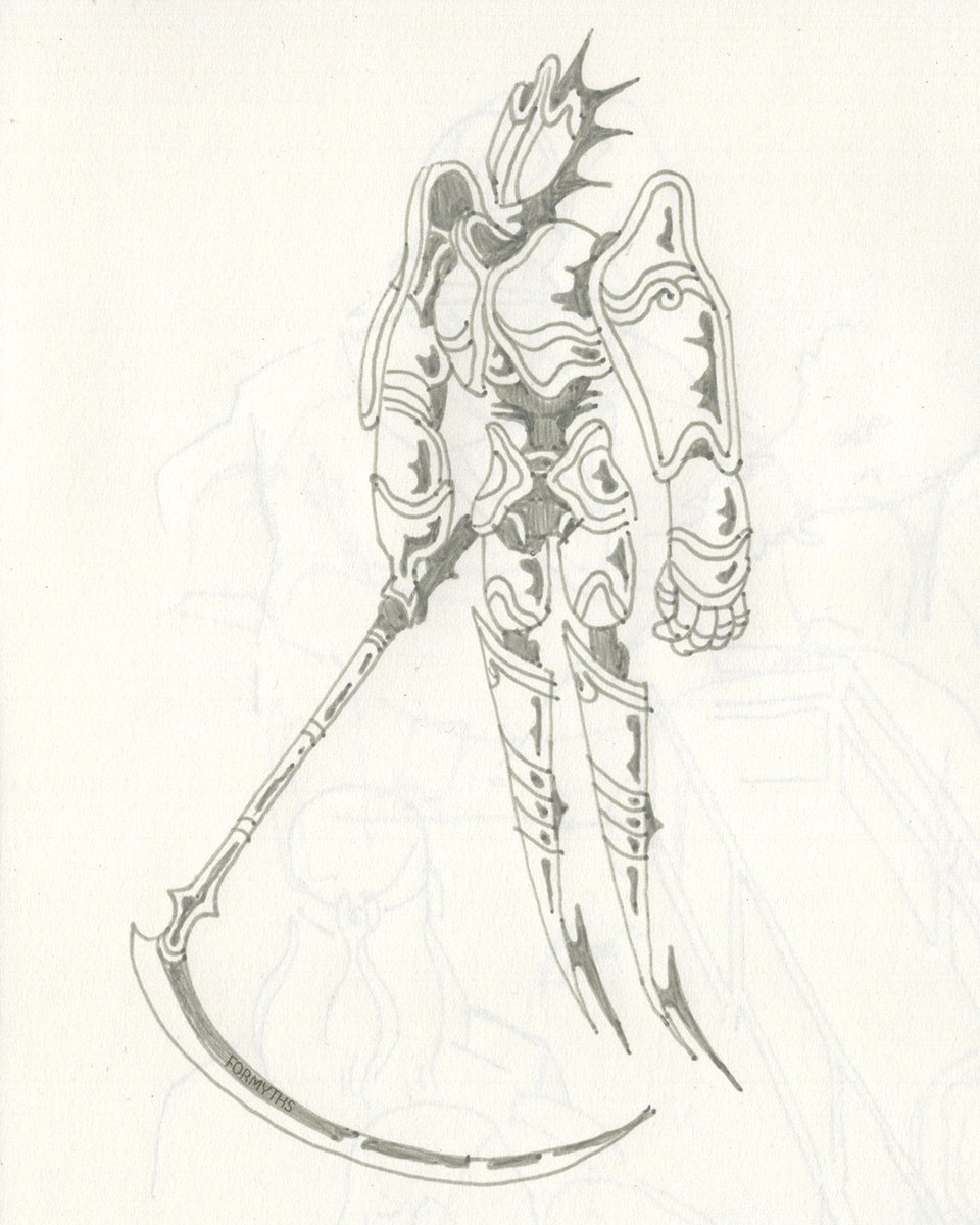 pen drawing of a plate-armor-esque mech, wielding a scythe and floating on pointed legs
