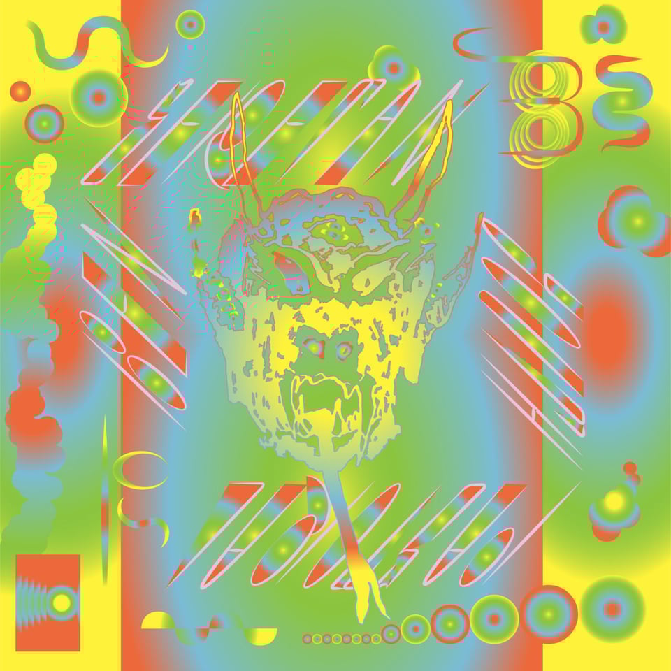 a blue, orange, green, and yellow swirl of shapes and chaos surround the image of a devil - in a square around the devil, the text reads BEN SERETAN YOUTH PASTORAL