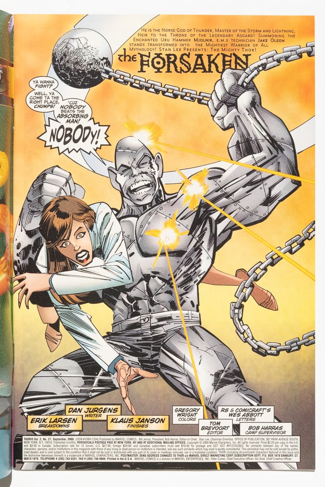 The title page from Mighty Thor 27 illustrated by Erik Larsen and Klaus Janson. The Absorbing Man has kidnapped Jane Foster and is swinging his wrecking ball around
