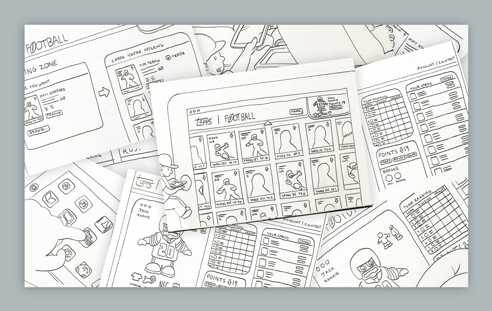an image of various hand illustrated black and white storyboards for the topps digital collecting apps as drawn by neil kleid