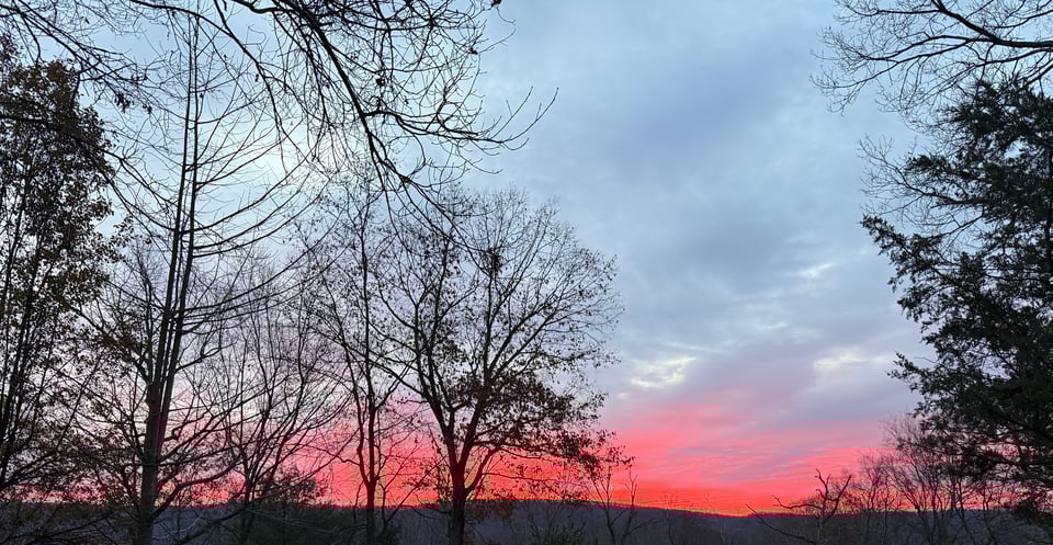 photo of intense red sunrise behind hills, with trees in foreground