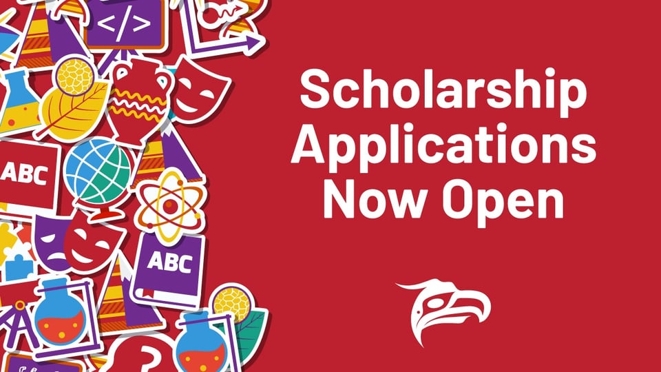 Red graphic with white text that reads "Scholarship applications now open"