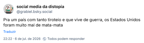 Post de social media da distopia (@grabiel.bsky.social): Pra um país com tanto tiroteio e que vive de guerra, os Estados Unidos foram muito mal de mata-mata