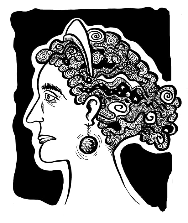 Black and white illustration of a woman in profile, her hair containing swirls and stars.
