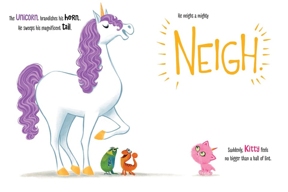 Image of the spread from Itty-Bitty Kitty-Corn as described above, featuring Parakeet and Gecko looking on at the unicorn. Kitty is on the other side of the page, also looking up at unicorn.