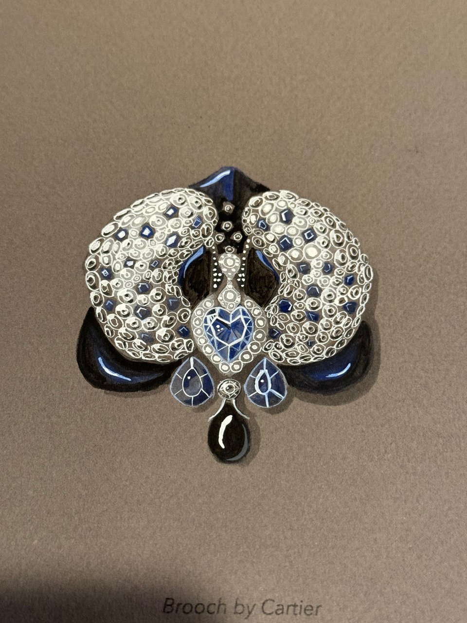 Grey-toned paper as background for a gouache rendering of a Cartier brooch: deep blue enamel petals in the back explode into white pavé-set petals studded with bright sapphires. A heart-shaped blue stone sits in the center, and two smaller teardrop sapphires and one jet drop dangle beneath. The gouche is velvety rich and the lines mostly smooth.