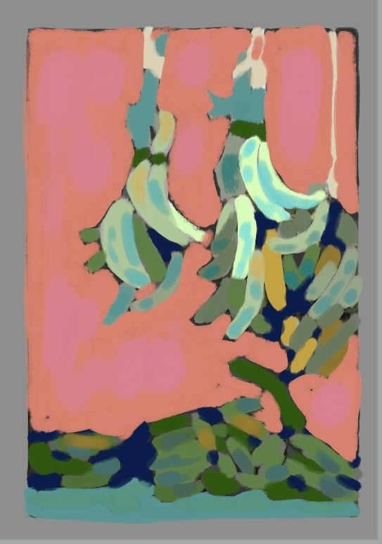A messy color study of bananas hanging