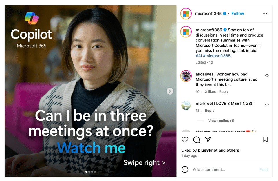 It's an Instagram ad. There's a 30-something woman looking into the camera, with a neutral expression. The text overlaid says "Can I be in three meetings at once? Watch me."