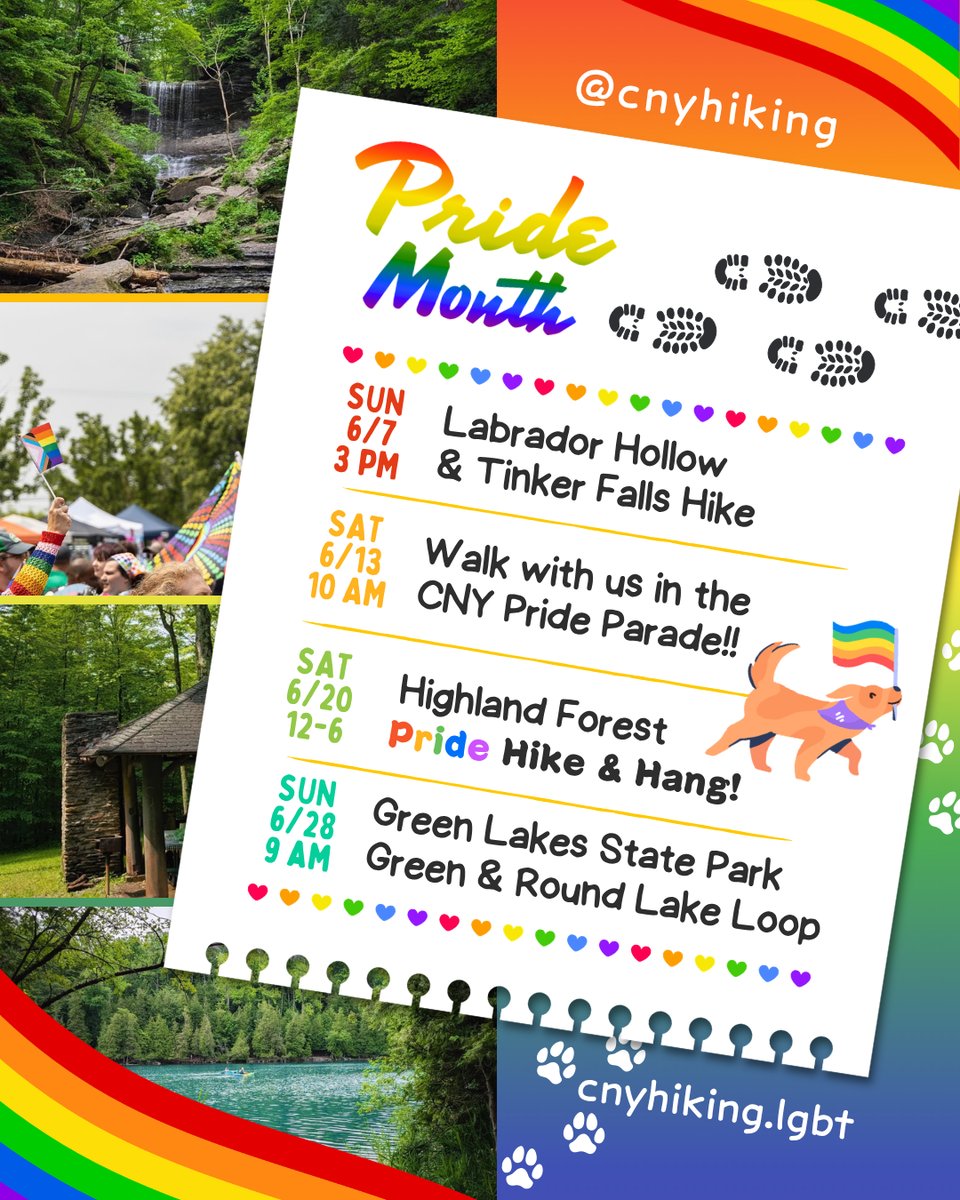 Upcoming Pride Month CNY Hiking Events!
Sunday June 7th at 3 PM: Labrador Hollow & Tinker Falls Hike.
Saturday June 13th at 10 AM: Walk with us in the CNY Pride Parade!
Saturday June 20th from 12 to 6 PM: Highland Forest Pride Hike & Hang.
Sunday June 28th at 9 AM: Green Lakes State Park Green & Round Lake Loop.
Find more info at @cnyhiking on Instagram or our website at cnyhiking.lgbt