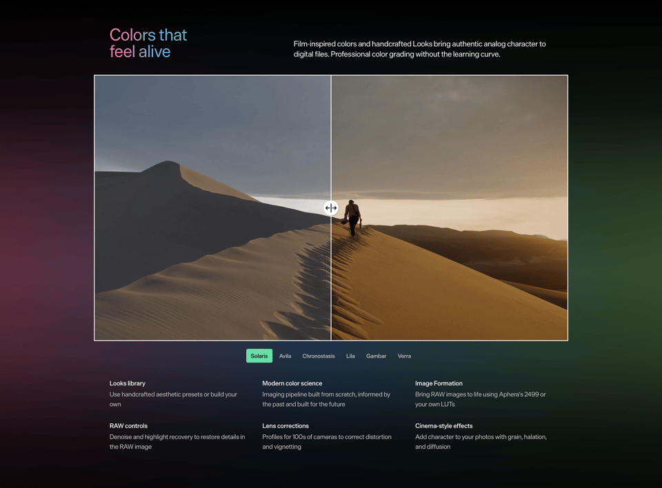 A screenshot of the website showing the Looks and color science behind the app