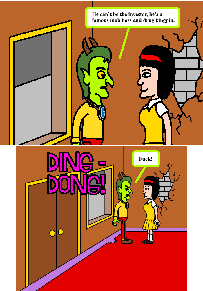 Two panels. 1: A green alien says to a woman