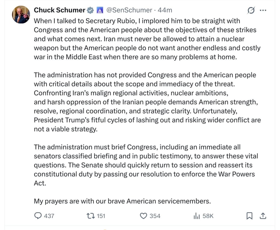 Leader Schumer on Trump’s illegal attack on Iran
