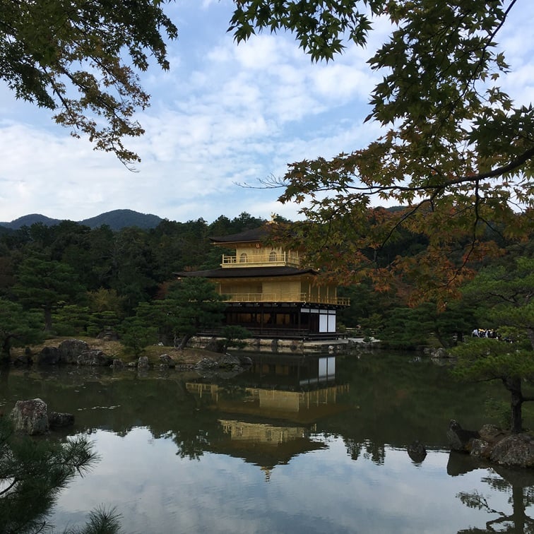 a gilded Japanese building, reflected in a lake, with autumn foliage beginning to turn around it