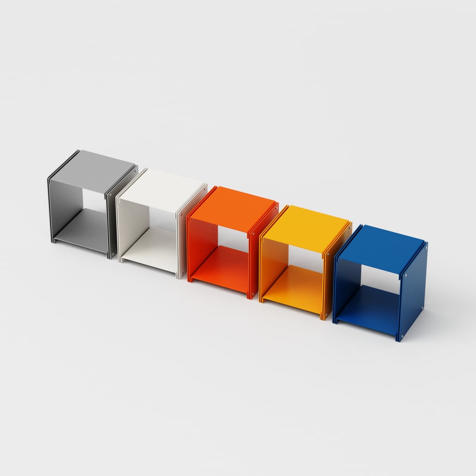 a row of variants of the 3075 side table by Standard Equipment