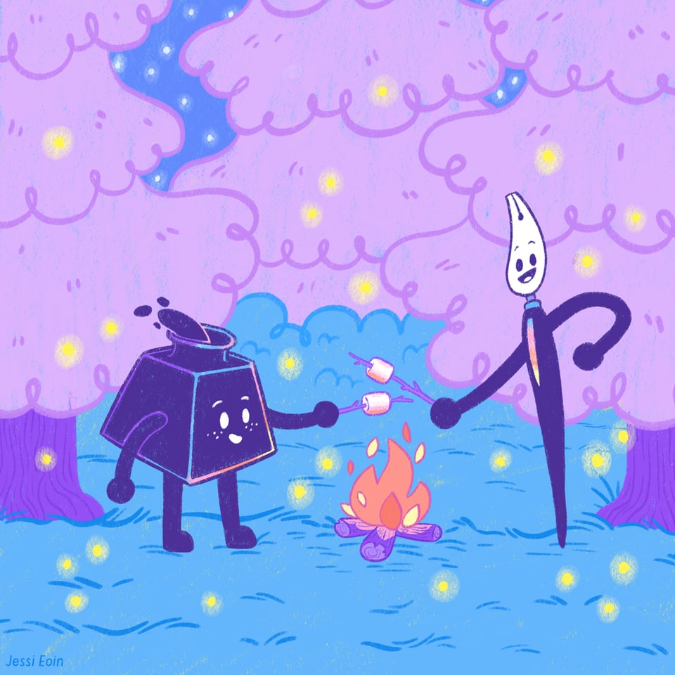 The Cartoonist Co-op's mascots Inkling (an inkwell) and Nibford (a dip pen) roasting marshmallows over a campfire at night in the woods. Fireflies and stars dot the scene.