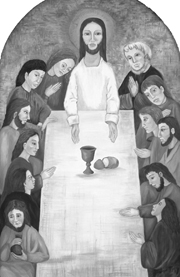 a black and white image of twelve people gathered around a table with Jesus at its head. He is indicating bread and a chalice on the table. The human figures are somewhat androgynous, all with different ethnic markers.