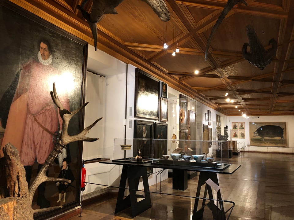 A long gallery has paintings along a wall, objects displayed in glass cases, and an enormous colored drawing of a pig on the back wall. In the front is a large painting of a giant and a dwarf. Reptiles hang from the wooden ceiling.