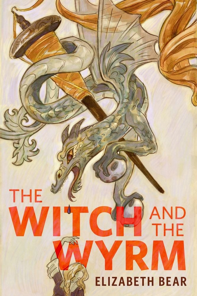Cover art for The Witch and the Wyrm by Elizabeth Bear, showing a Nordic dragon, a spindle, and a woman with her arm upraised