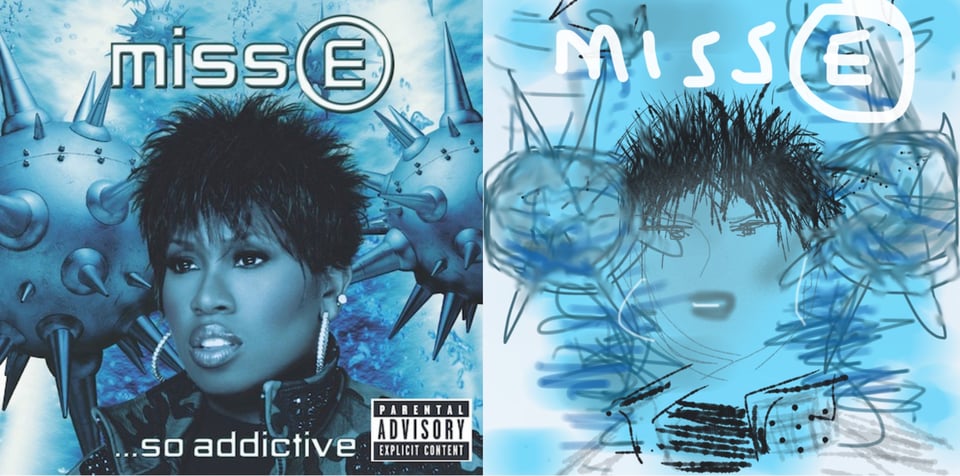 A blue tinted photo of a close up of Missy Elliot, a Black woman with short black hair in what I'd call a Pat Benatar style. She wears large hoop earrings with diamonds, and a collared jacket that is vaguely like camouflage. Behind her are two spherical metal objects, covered with sharp spikes. That are reminiscent of both ocean mines and viruses.