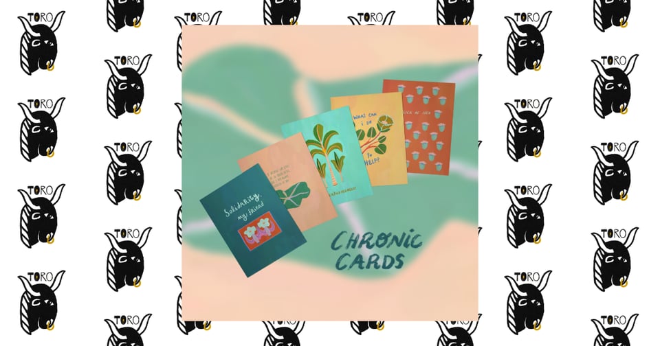 5 greeting cards splayed diagonally on a blurred background. Chronic Cards logo is in the lower right quadrant. Image is on top of a repeating TORO bull logo pattern.