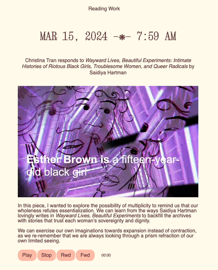 A screenshot of the March 15 entry of the Reading Work website. The text "Esther Brown is a fifteen-year-old black girl" is layered on top of a portrait fractured over purple light.