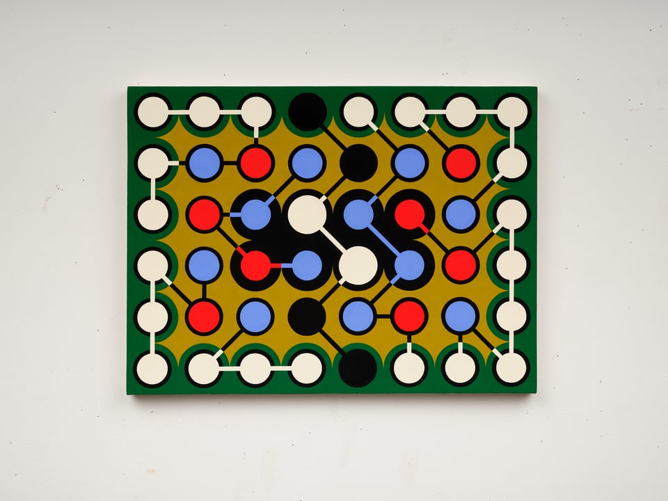 Horizontal rectangular painting with grid of circles connected by thin black and white lines. There's an outer border of dark green and the inner background is olive. The whole thing looks like an abstracted word search.